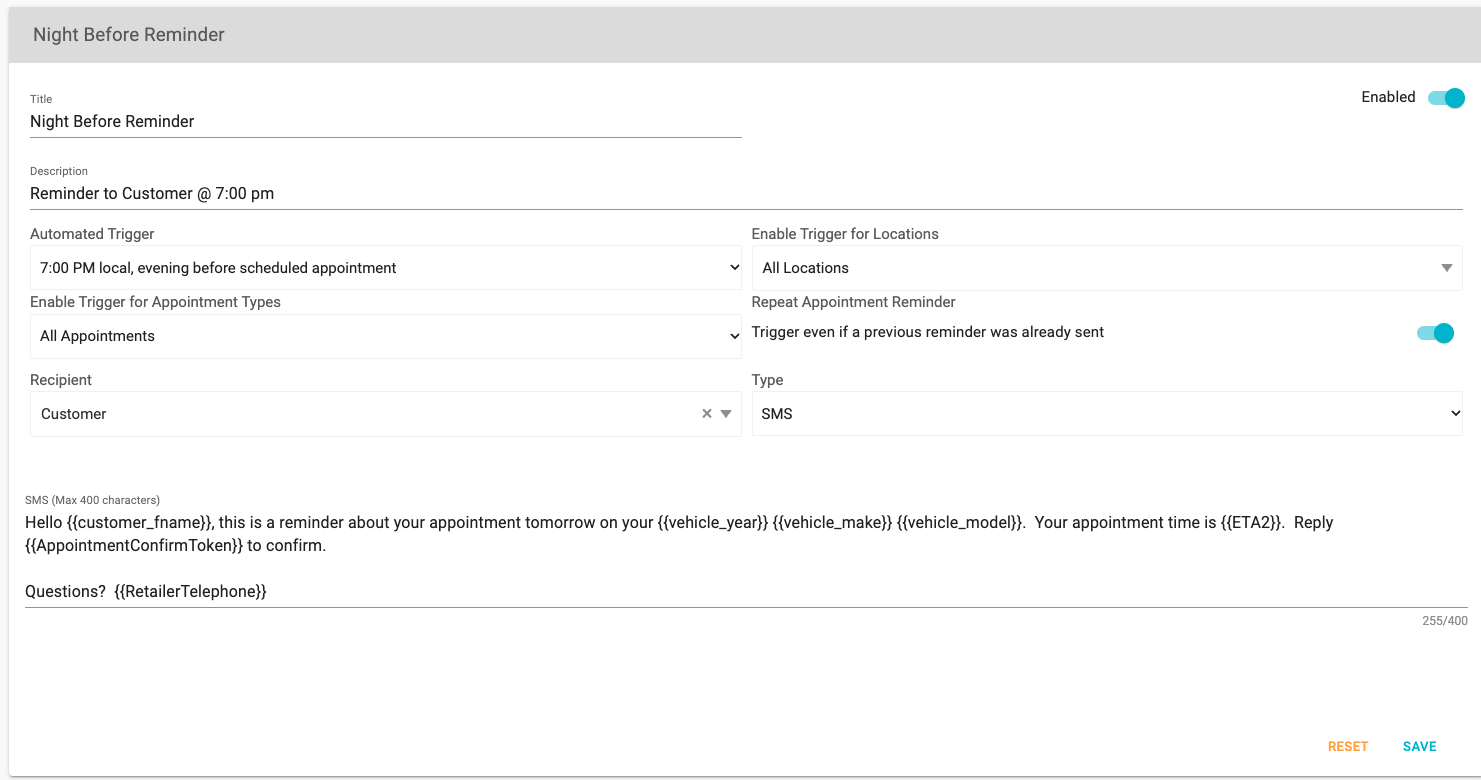 A night-before SMS reminder template using the AppointmentConfirmToken variable